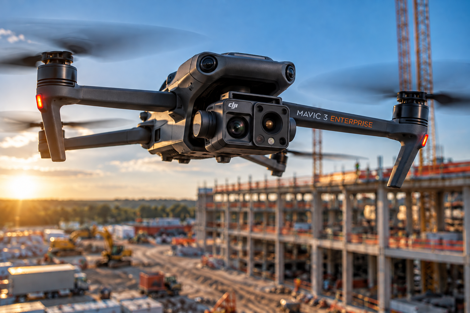enterprise drone over sunset construction site